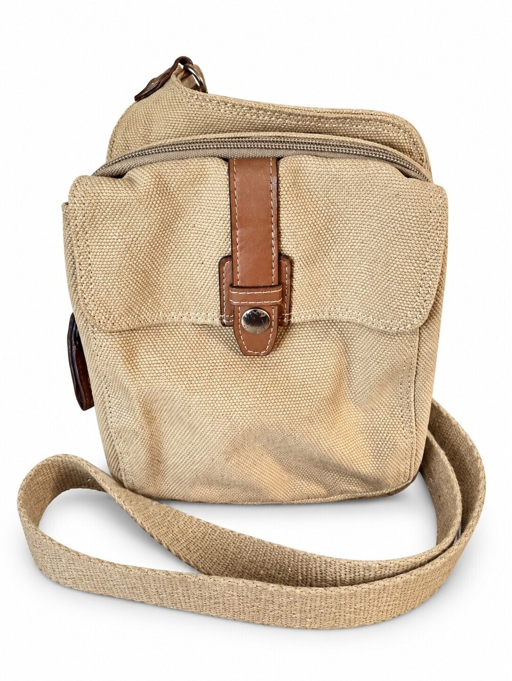 Fossil 75082 Tan Canvas Leather Trim Y2K Crossbody Messenger Bag